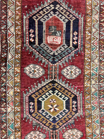 Persian Heriz Runner Rug 3.8 x 8.6, Geometric Design, Large Triple Medallions, Hand Knotted Handmade Vintage Wool Hallway Rug, Red