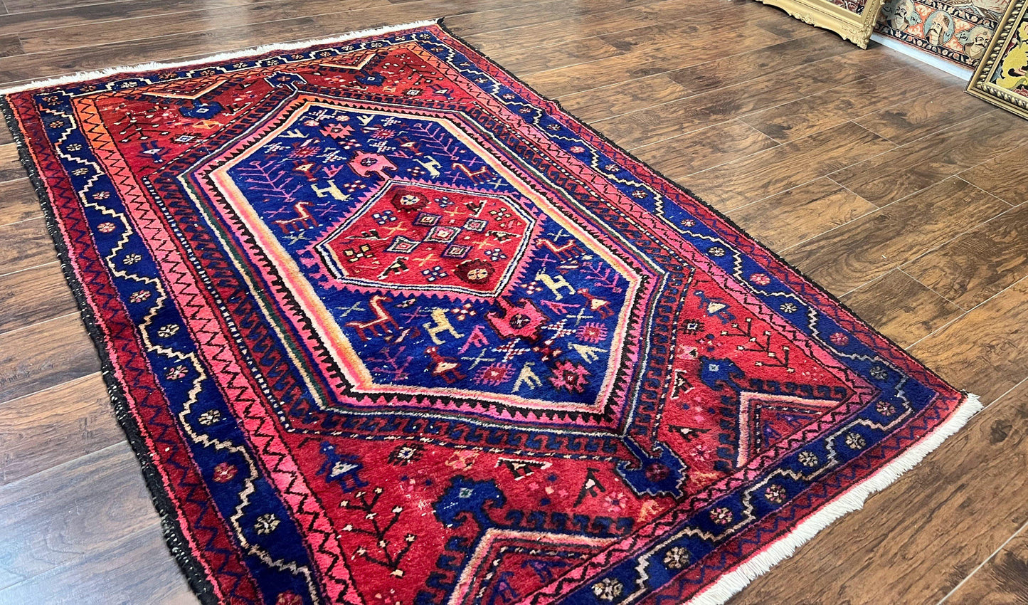 Persian Tribal Rug 5x7, Wool Handmade Vintage Hamadan Nahavand Carpet, Red & Navy Blue, Animal Motifs, Geometric Oriental Rug 5 x 7