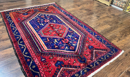 Persian Tribal Rug 5x7, Wool Handmade Vintage Hamadan Nahavand Carpet, Red & Navy Blue, Animal Motifs, Geometric Oriental Rug 5 x 7