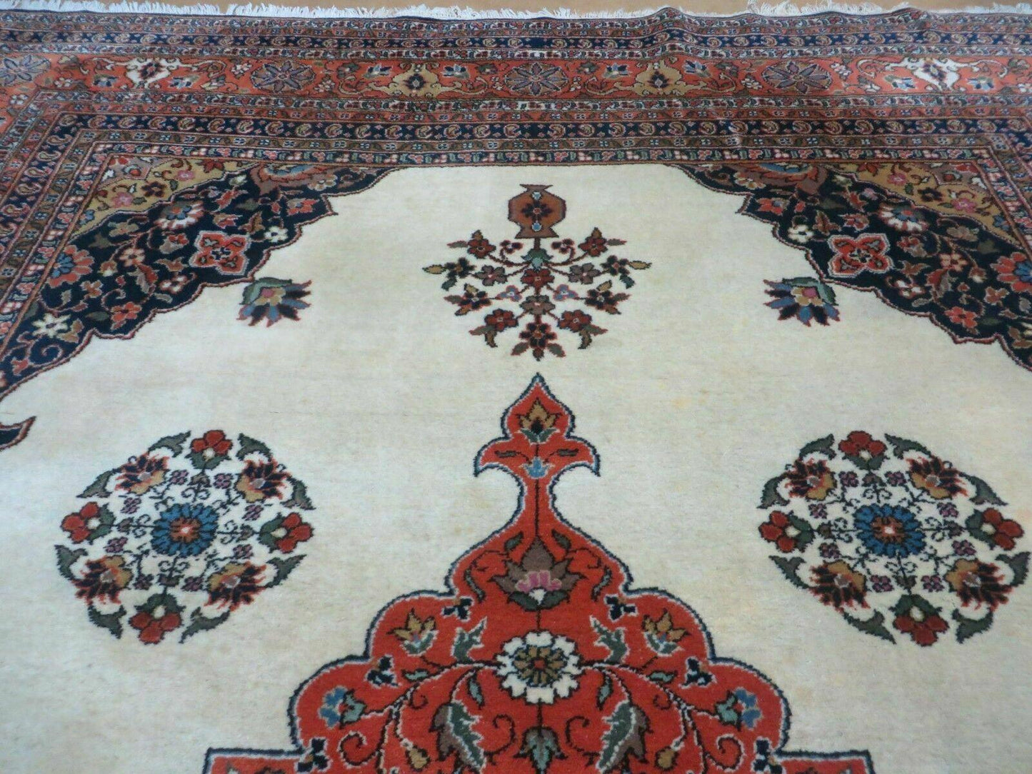 Indo Persian Rug 9x12, Semi Open Field Medallion, Ivory Tomato Red Navy Blue, Hand Knotted Indian Oriental Wool Carpet 9 x 12 ft, Room Sized
