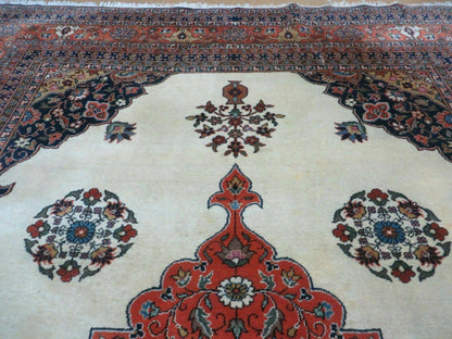 Indo Persian Rug 9x12, Semi Open Field Medallion, Ivory Tomato Red Navy Blue, Hand Knotted Indian Oriental Wool Carpet 9 x 12 ft, Room Sized