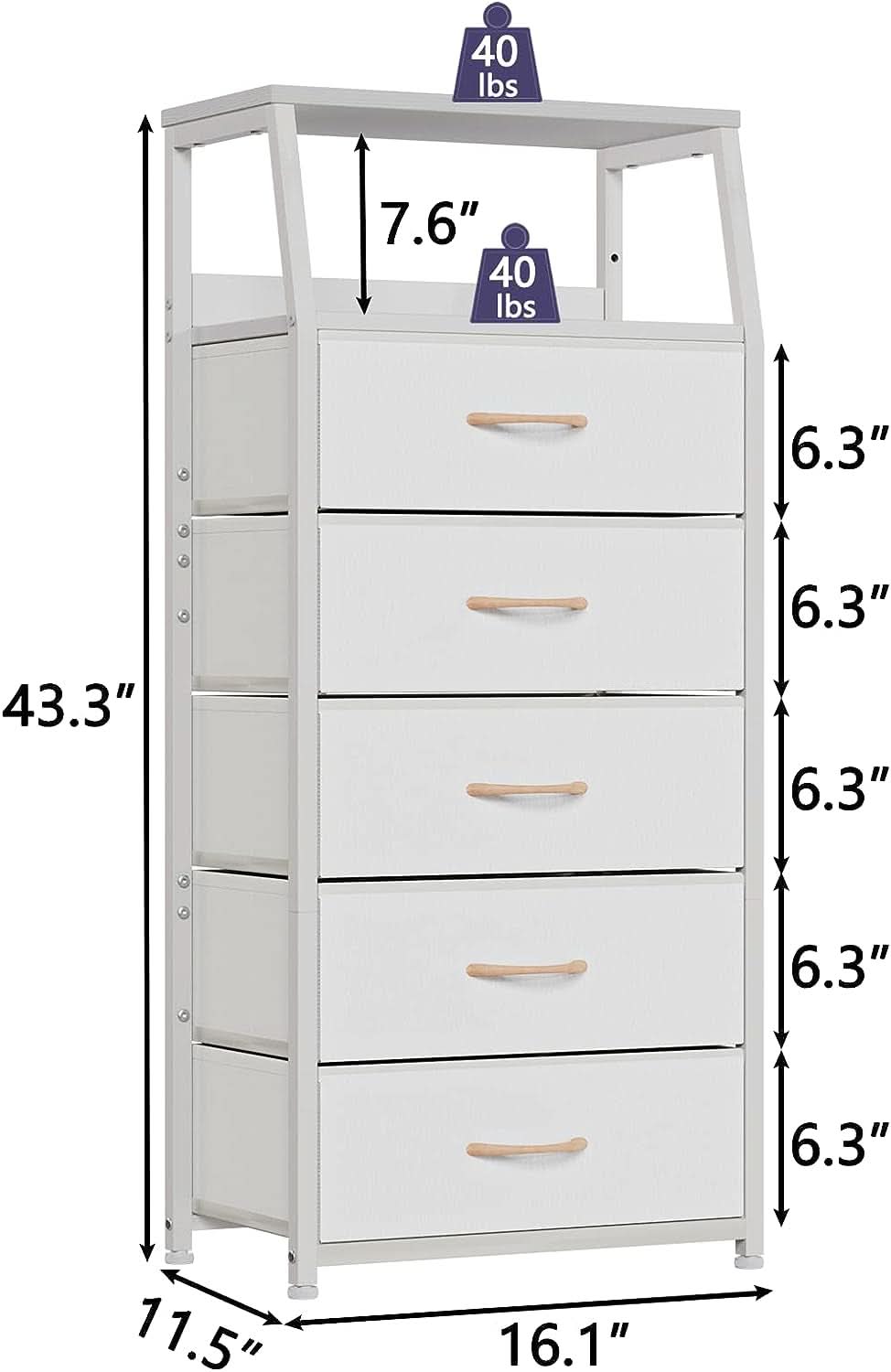 White Dresser With 5 Drawers And Wood Top Bedroom Storage