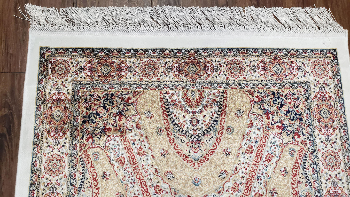 Persian Design Silk Accent Rug, Dome Medallion, Allover Pattern Oriental Carpet, Small Silk Rug, Cream, Ivory, Bamboo Silk, 2' 8" x 4' 1"