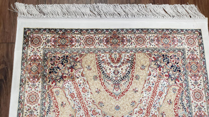 Persian Design Silk Accent Rug, Dome Medallion, Allover Pattern Oriental Carpet, Small Silk Rug, Cream, Ivory, Bamboo Silk, 2' 8" x 4' 1"