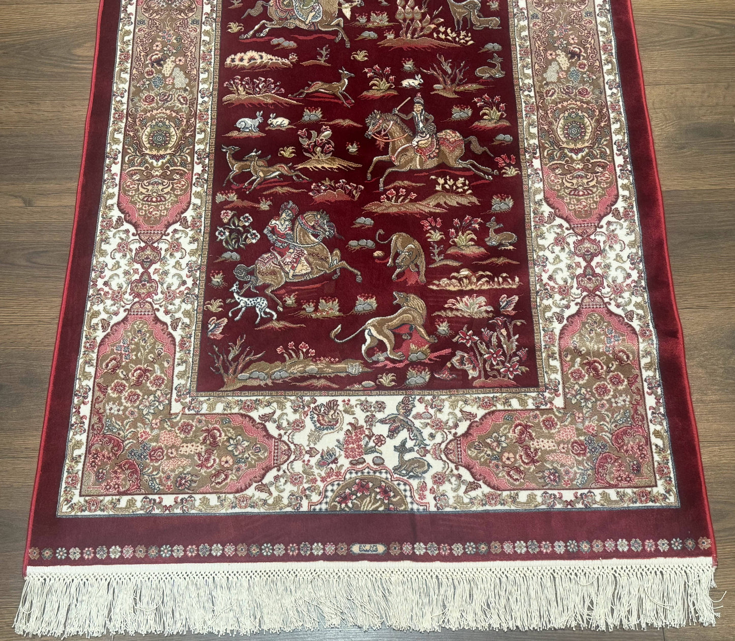 Turkish Silk Rug 3x5, Hunting Design, Dark Red & Ivory, Bamboo Silk, New