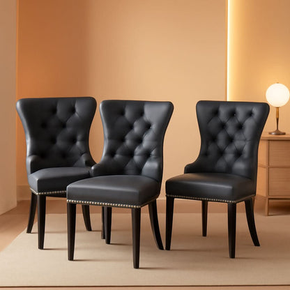 Leather Dining Chairs Set Of 4 Wingback Upholstered With Nailhead Trim Black
