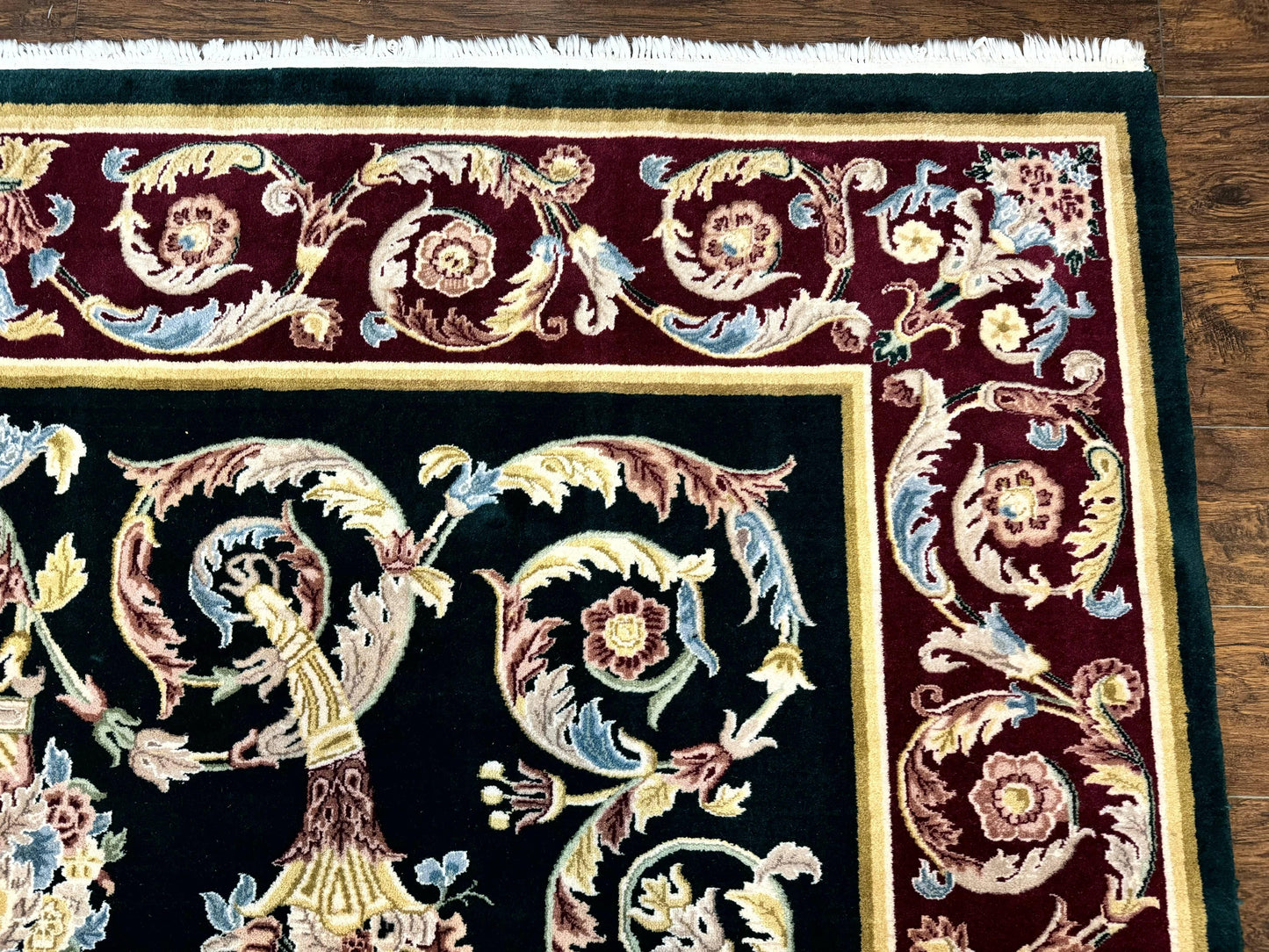 Aubusson Rug 9x12, Dark Green, European Design, Vintage Fine Handmade Carpet, Elegant