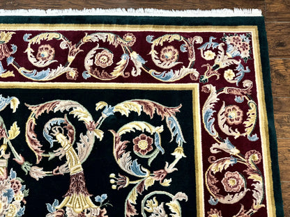 Aubusson Rug 9x12, Dark Green, European Design, Vintage Fine Handmade Carpet, Elegant