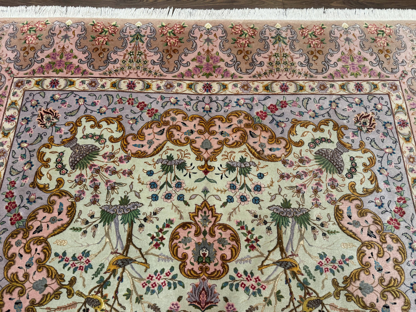 Wonderful Persian Tabriz Rug 7x10, Very Fine 330 KPSI, Light Green Light Blue Pink, Kork Wool Silk Foundation, Bird Pictorials