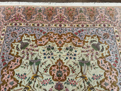 Wonderful Persian Tabriz Rug 7x10, Very Fine 330 KPSI, Light Green Light Blue Pink, Kork Wool Silk Foundation, Bird Pictorials
