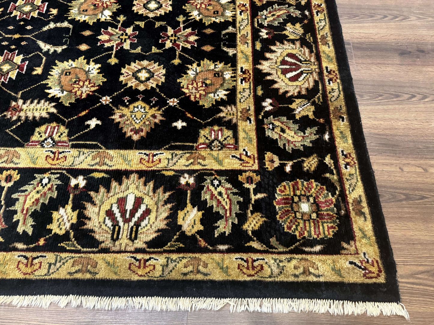 Indo Persian Mahal Rug 8x10, Black and Gold, Wool Hand Knotted Oriental Carpet