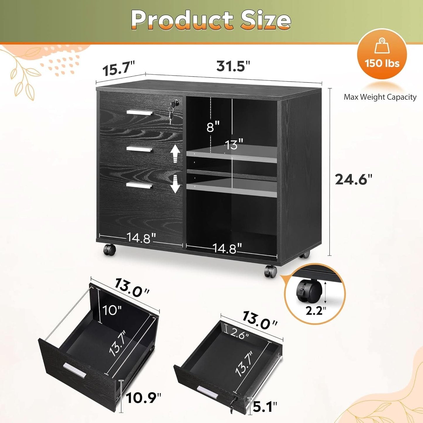 Three Drawer Wood File Cabinet With Lock Black Finish