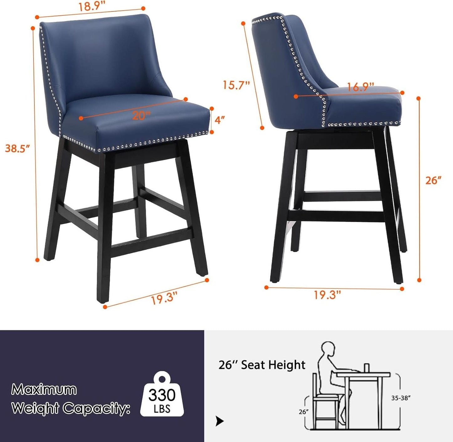 Swivel Bar Stools 26 Inch Counter Height Blue Faux Leather