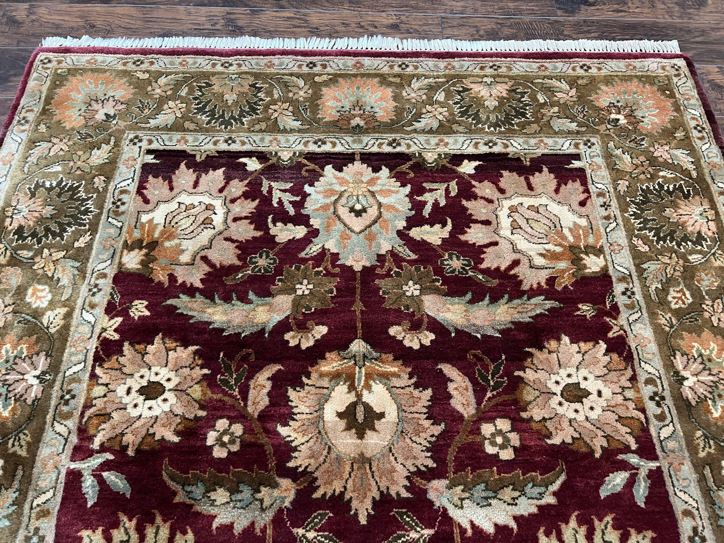Indo Mahal Rug 6x9, Large Flowers Allover, Maroon and Green, Handmade Wool Area Rug, Vintage Rug, Indian Oriental Carpet, Hand Knotted Rug