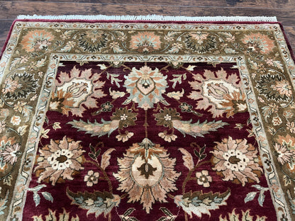 Indo Mahal Rug 6x9, Large Flowers Allover, Maroon and Green, Handmade Wool Area Rug, Vintage Rug, Indian Oriental Carpet, Hand Knotted Rug