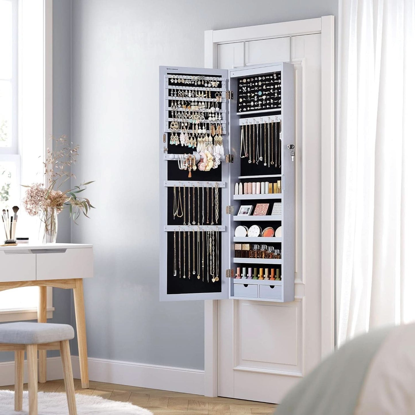 47.2 Inch Tall Lockable Jewelry Cabinet With Mirror Gray