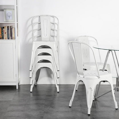 Stackable Distressed White Metal Dining Chairs For Indoor Outdoor Set Of 4