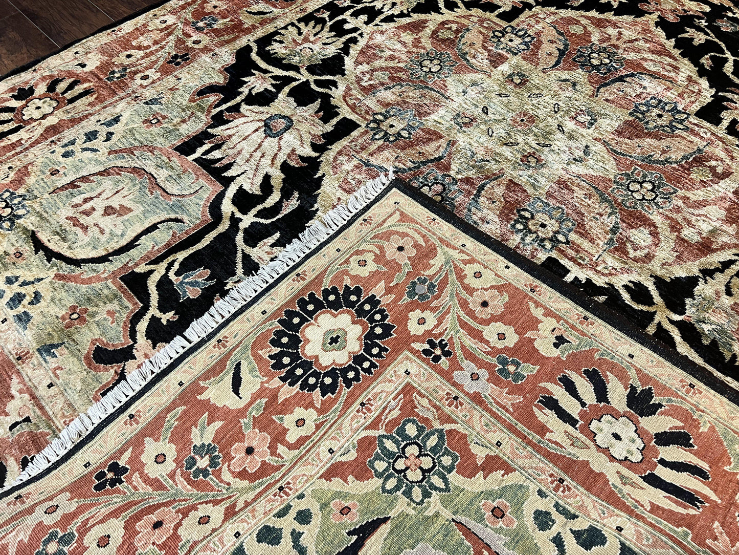 Pak Persian Rug 8x10, Pakistani Mahal Sultanabad Carpet, Signature from Master Weaver, Shiny Wool, Black Red Vintage Handmade Medallion Rug