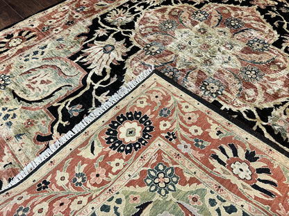 Pak Persian Rug 8x10, Pakistani Mahal Sultanabad Carpet, Signature from Master Weaver, Shiny Wool, Black Red Vintage Handmade Medallion Rug