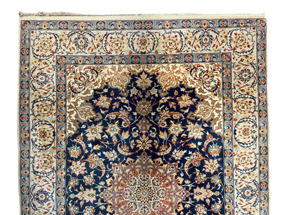 Persian Isfahan Rug 4x5, Navy Blue & Ivory, Wool and Silk Highlights