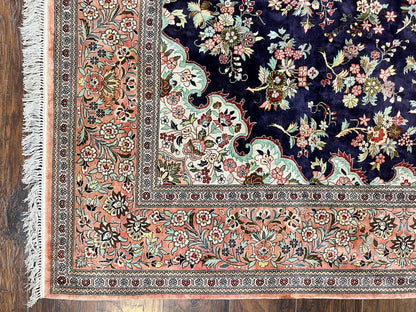 Stunning Silk Persian Qum Rug 7x9, Finely Hand Knotted Navy Blue & Salmon Floral Medallion Authentic Oriental Carpet, Vintage Handmade Silk Ghom Rug, Silk on Silk