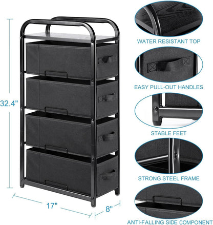4 Drawer Narrow Fabric Dresser Storage Tower With Wood Top Black