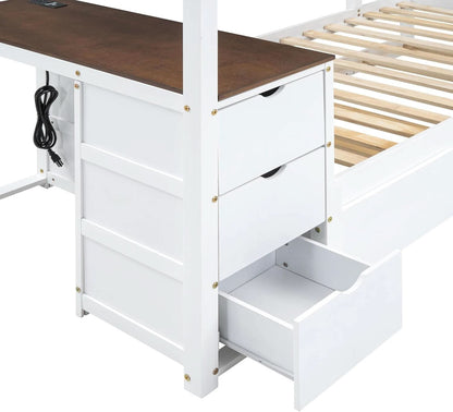 Twin Over Twin Bunk Bed With Desk USB Ports White Walnut