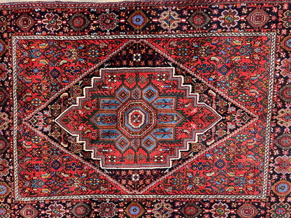 Fine Persian Bidjar Rug 3x5 ft, Ruby Red and Black, Geometric Medallion, Hand Knotted Semi Antique Oriental Bijar Carpet, Wool Area Rug, Tribal Rug