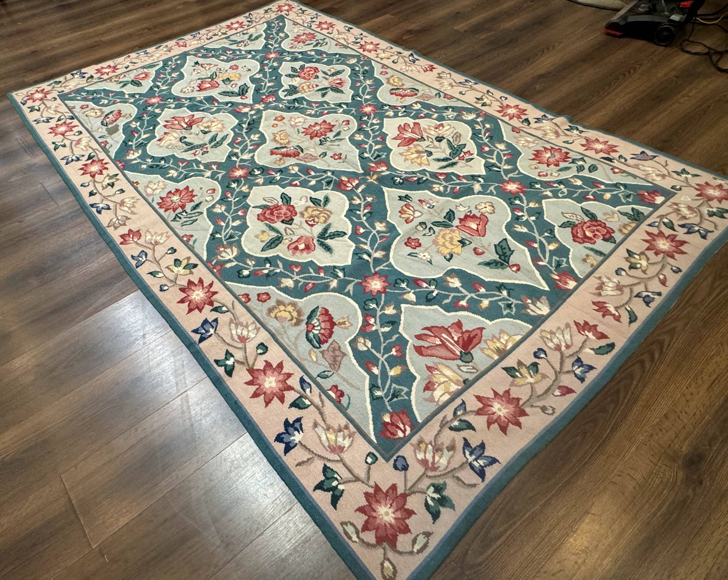 Teal Needlepoint Rug 6x9, Panel Design, Floral Bouquets, Handmade