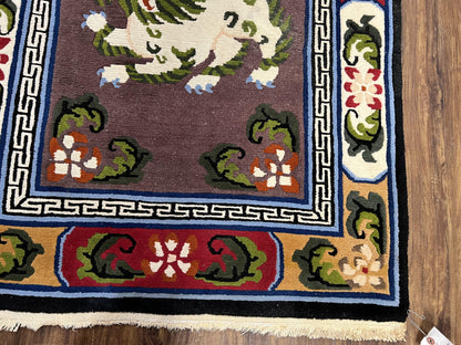 Chinese Art Deco Rug 3 x 5.5 with Animal Pictorials, Vintage Chinese Peking Wool Area Rug, Dark Puce Maroon Ivory, Hand Knotted Soft Carpet