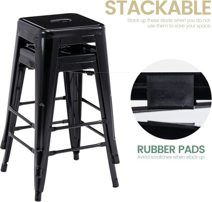 24 Inch Black Metal Bar Stools Set of 2 Backless Indoor Outdoor Square Seat Counter Height