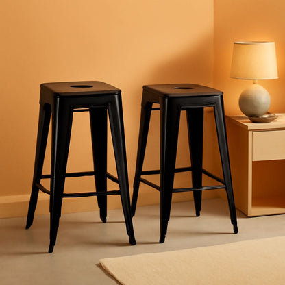 24 Inch Black Metal Bar Stools Set of 2 Backless Indoor Outdoor Square Seat Counter Height