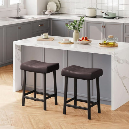 24 Inch Backless Saddle Bar Stools Two Pack, Counter Height Upholstered Padded Seats With Curved Surface, Brown