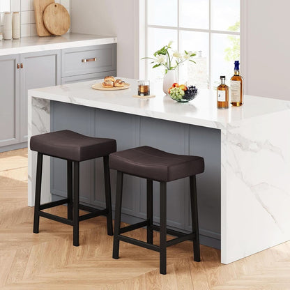 24 Inch Backless Saddle Bar Stools Two Pack, Counter Height Upholstered Padded Seats With Curved Surface, Brown