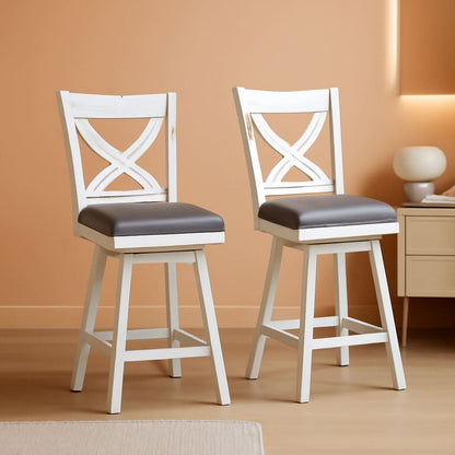 24 Inch Counter Height Bar Stools With 360 Degree Swivel And Grey Faux Leather Seat