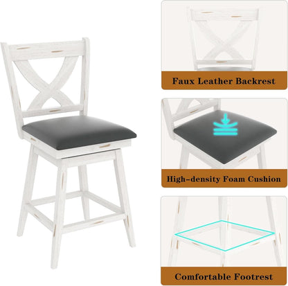 24 Inch Counter Height Bar Stools With 360 Degree Swivel And Grey Faux Leather Seat