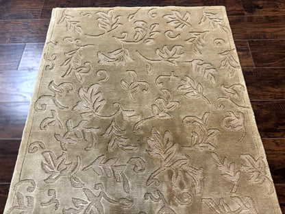 Modern Tibetan Rug 3.7 x 5.5, Carved Floral Design, Wool and Silk Highlights