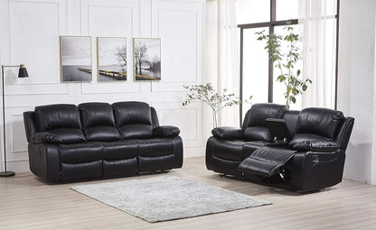 2Piece Bonded Leather Recliner Sofa And Loveseat Set Black 8018 With Pocket Coil Cushions