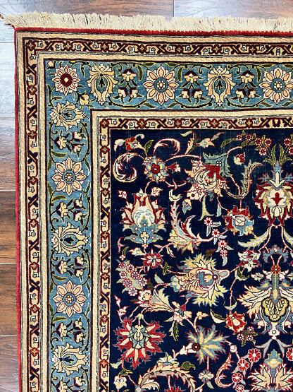 Blue Persian Qum Rug 5x7, Very Fine and Wonderful Authentic Persian Carpet, Wool Hand Knotted Vintage Semi Antique Oriental Rug, Floral, Ghom Qom Rug