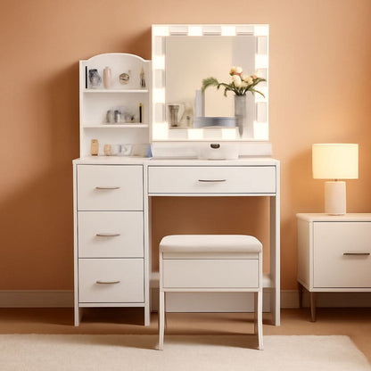 White Vanity Desk With Lighted Mirror And Charging Station