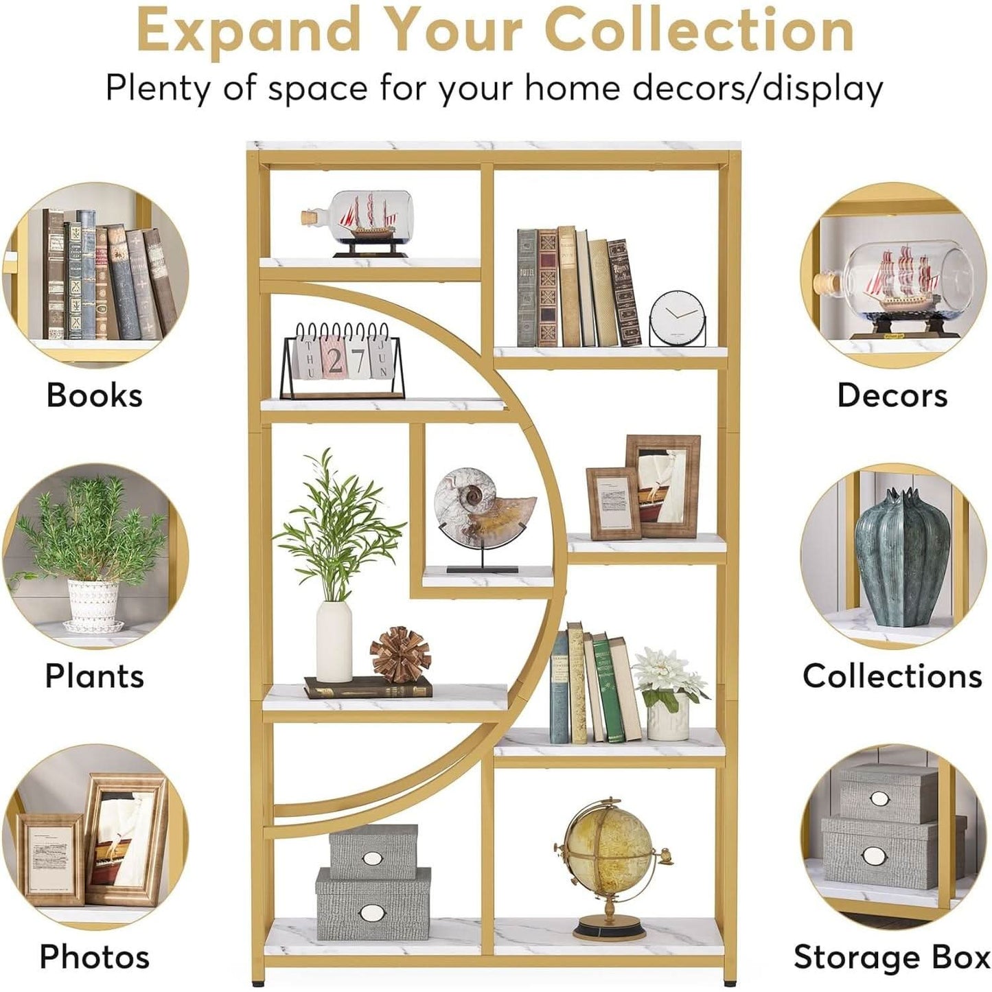 Industrial 5 Tier Etagere Bookcase Gold Frame Shelves