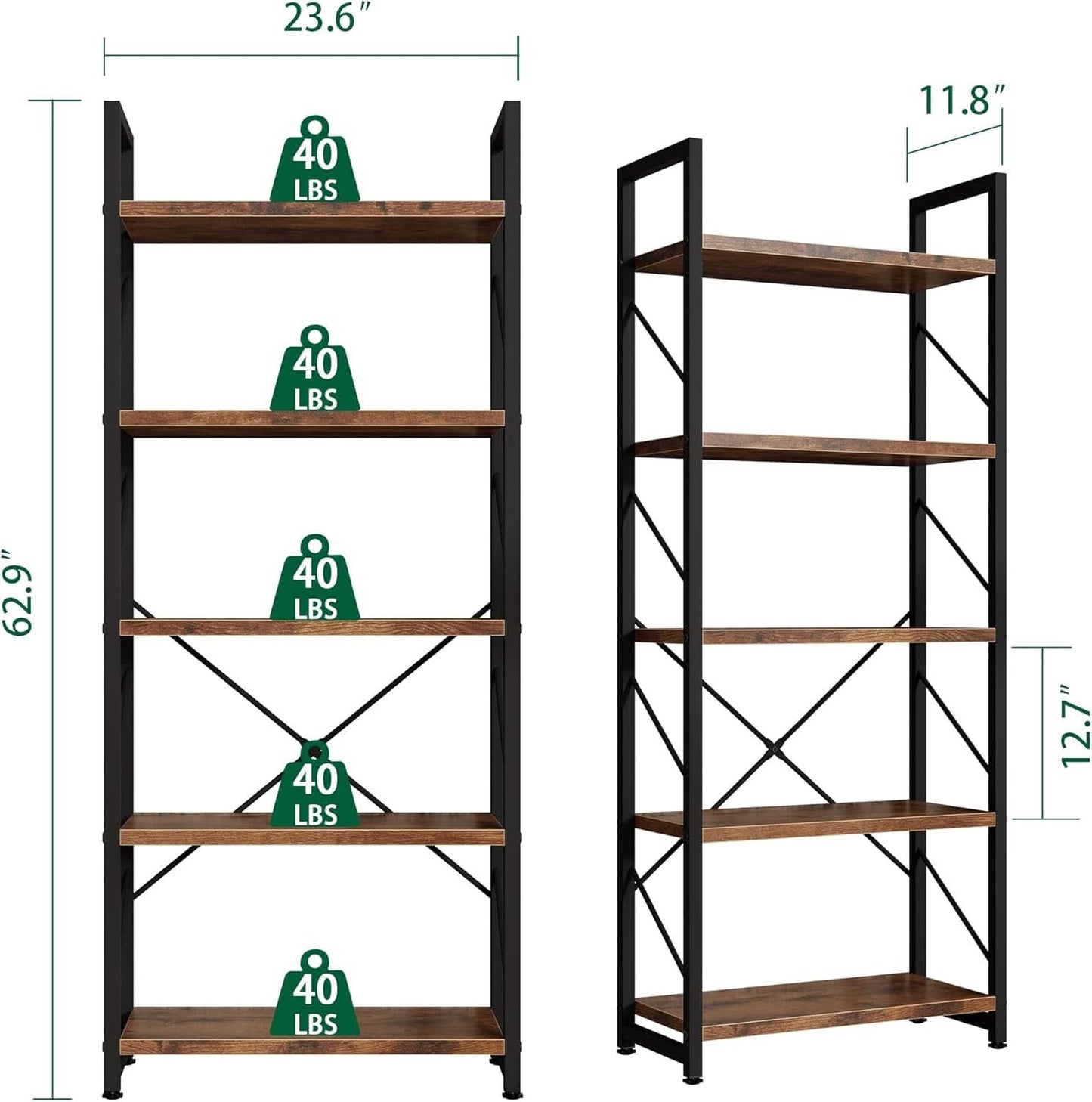 5 Tier Bookshelf Rustic Brown Tall Bookcase For Home Office