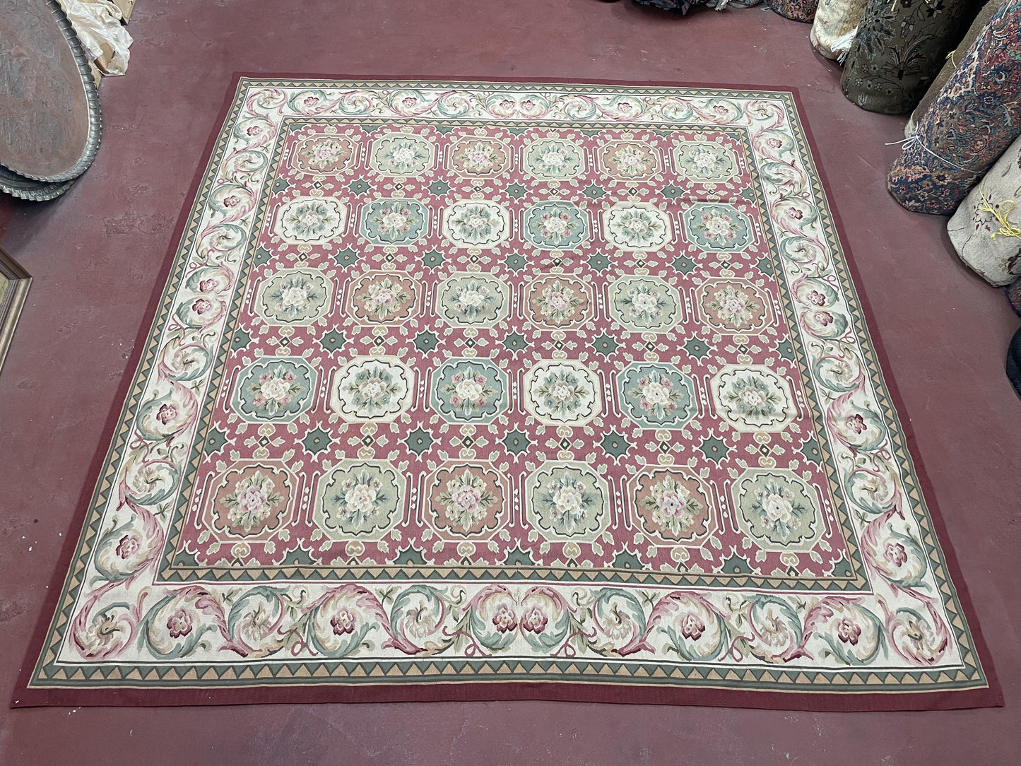 9x9 Square Rug Hand Knotted, Needlepoint Aubusson Carpet, Blush Red, Beige, Green, New, Mint Condition Area Rug, English European Design