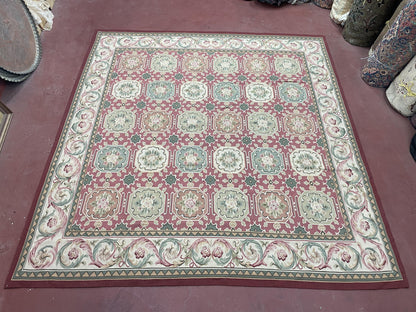 9x9 Square Rug Hand Knotted, Needlepoint Aubusson Carpet, Blush Red, Beige, Green, New, Mint Condition Area Rug, English European Design