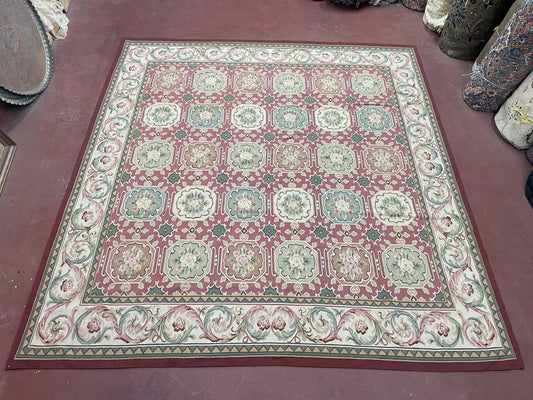 9x9 Square Rug Hand Knotted, Needlepoint Aubusson Carpet, Blush Red, Beige, Green, New, Mint Condition Area Rug, English European Design