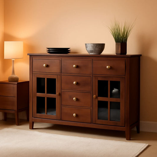 Pine Wood Sideboard Buffet Russet Brown Adjustable Shelves