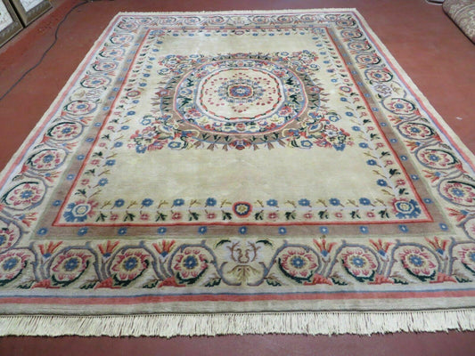 8' X 10' Vintage Handmade Wool Rug Aubusson Savonnerie Design European Nice