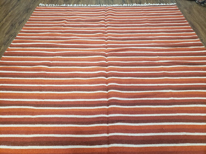 Large Striped Woolen Handmade Throw Blanket, Twin Size Bedding Hand-Woven, Indian Kilim Area Rug, 6x8 - 7x8, South American Style Textile