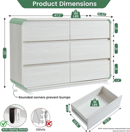 47 Inch White Dresser With Six Drawers Anti Tip Design