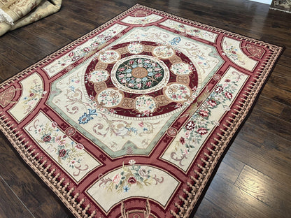 Needlepoint Rug 7.9 x 9, Beige Maroon Rose, Handmade Handwoven Flatweave Aubusson Savonnerie French European Elegant Carpet, Wool Rug